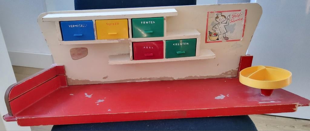 Vintage houten winkeltje met plastic voorraad bakken, Ophalen of Verzenden