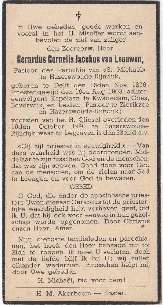 Pastoor Gerardus van Leeuwen 1876 Delft + 1940 Hazerswoude, Verzenden