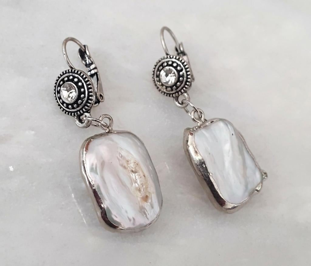 oorbellen hangers zilver met strass en zoetwaterparel, Overige materialen, Hangers, Met edelsteen, Nieuw
