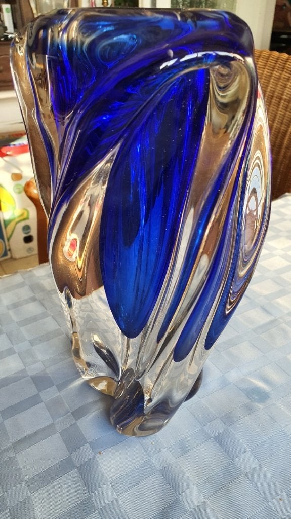 Murano Vaas uit 1959 Kleur Blauw met Helder Kristal de maten, Ophalen, Handgemaakt, Blauw, 27 cm
