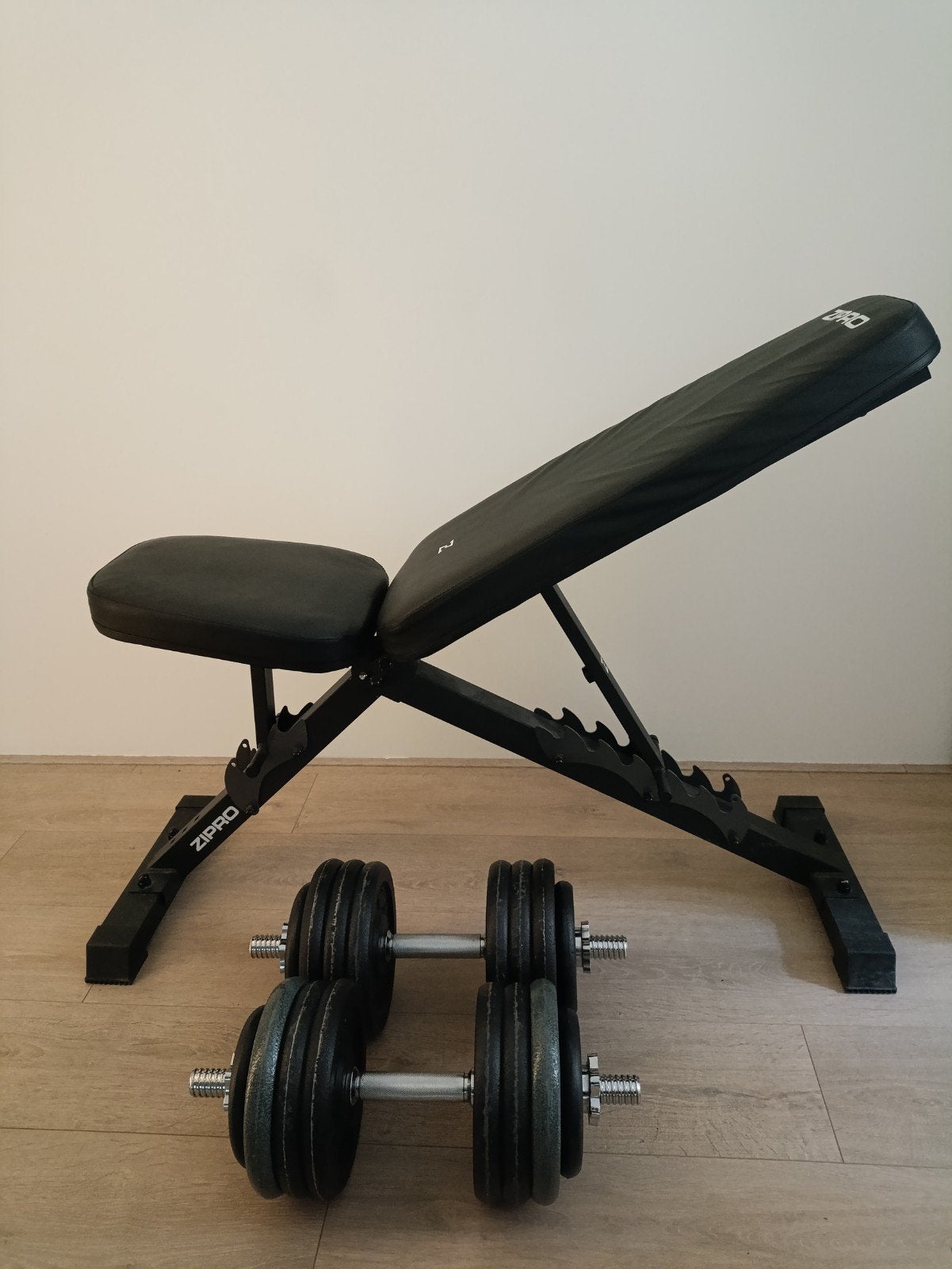 Verstelbare fitness bank + dumbbells 38kg + stangen, Ophalen, Gebruikt, Fitnessbank