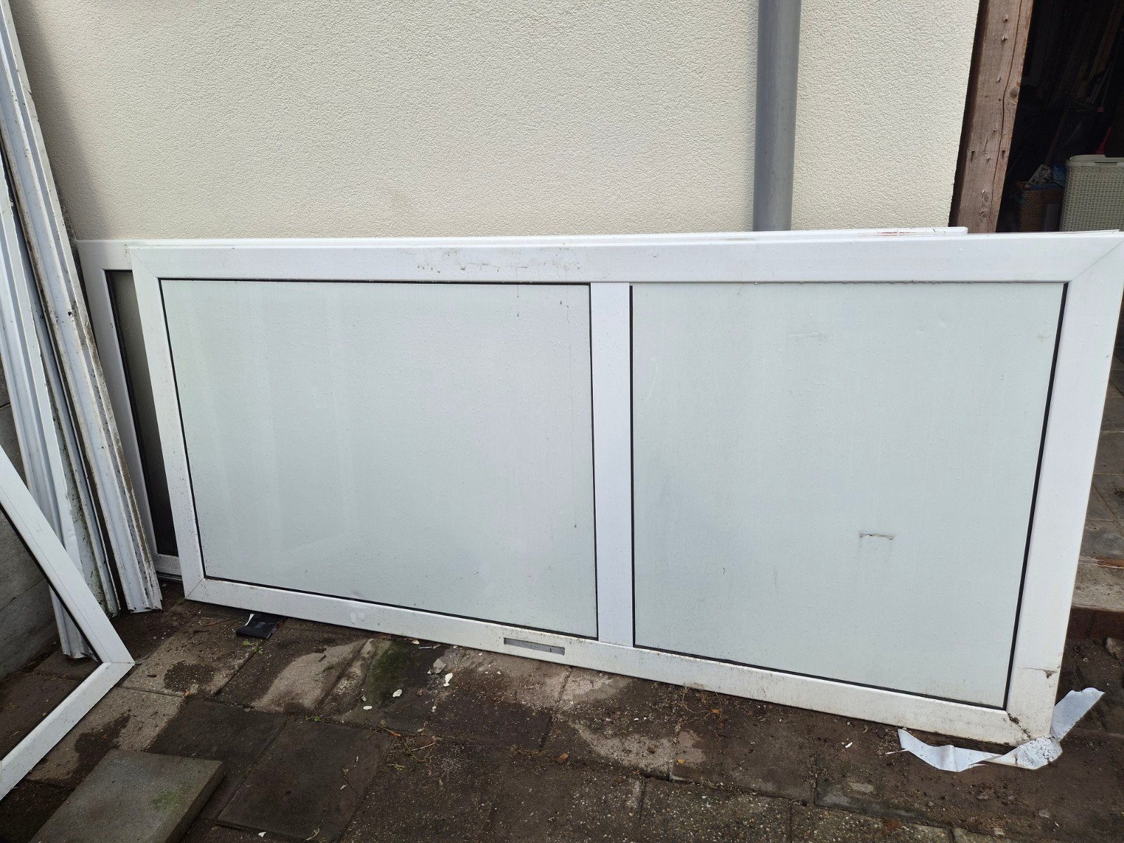 Witte schuifpui met glas, Ophalen, Kunststof, Gebruikt, 225 cm of meer