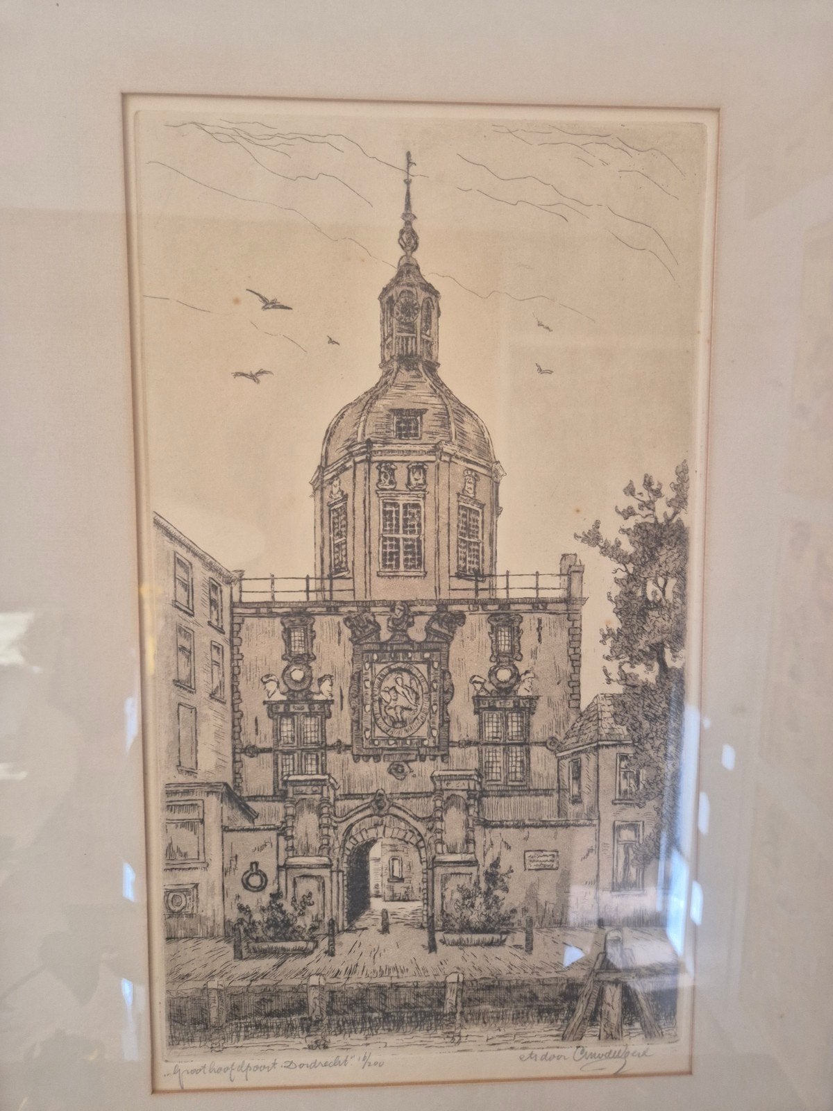 Ets van de Groothoofdspoort in Dordrecht, Ophalen of Verzenden, Architectuur, Ets, Gesigneerd