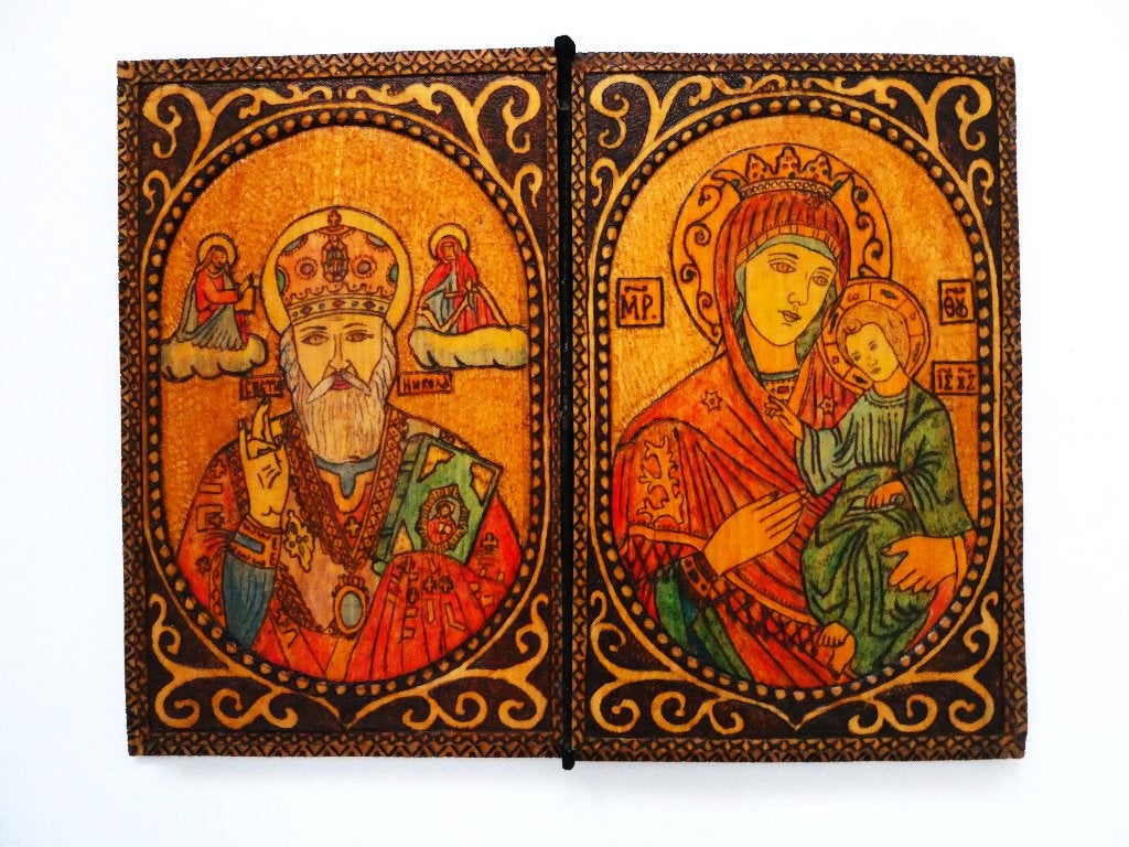 Byzantijns 2 luik Icoon St. Nicolaas Maria Jezus Pyrografie, Ophalen of Verzenden