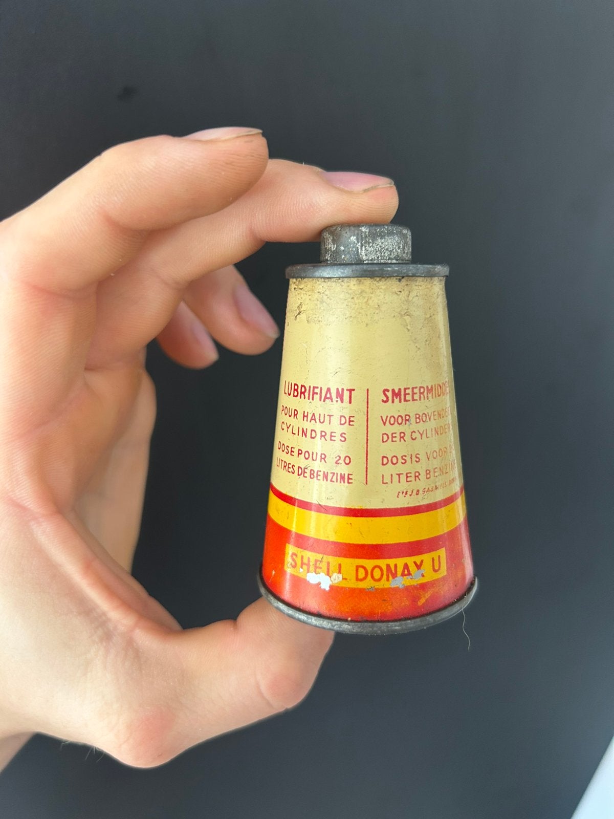 Olie blik conical Shell donax u FULL olieblik oil can huile, Verzamelen, Ophalen of Verzenden, Gebruikt, Overige