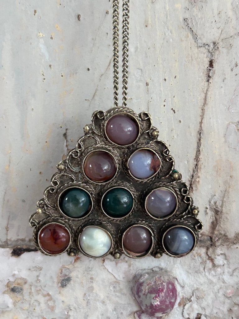Vintage zilveren ketting met natuursteen uit India, Ophalen of Verzenden, Zilver, Ketting