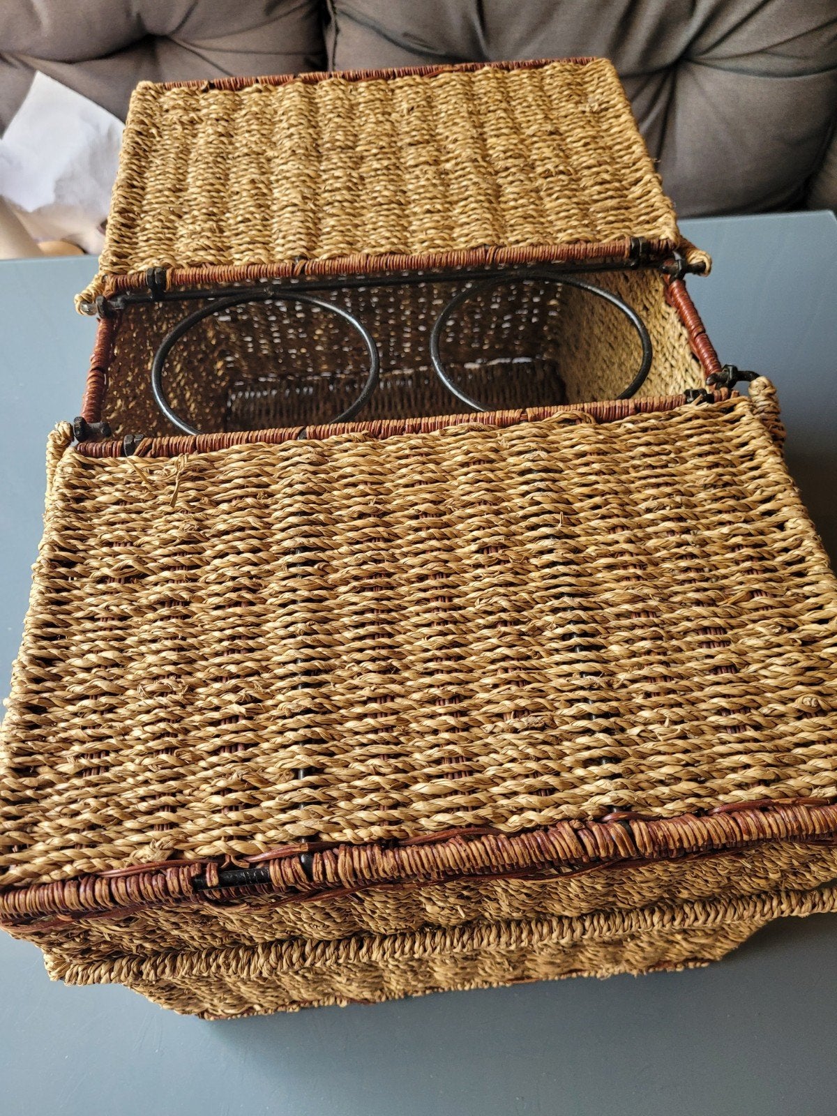 Grote rieten picknickmand met flessenhouders, Ophalen of Verzenden, Gebruikt, Zonder inhoud