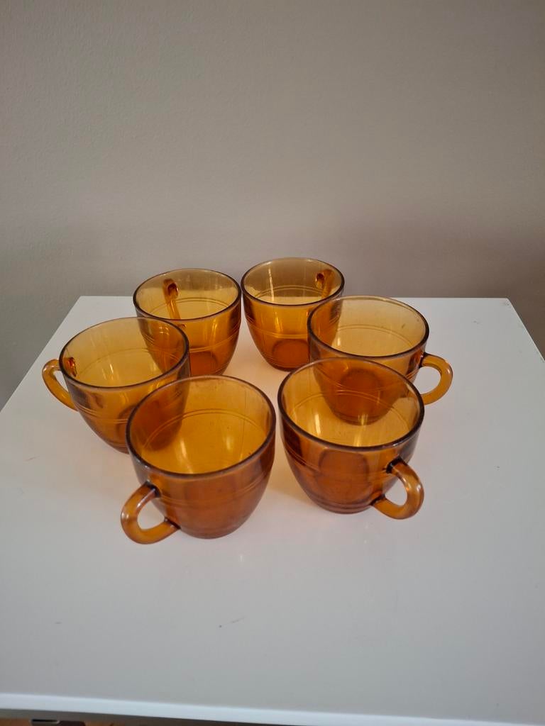 6 Duralex amber theeglazen uit Frankrijk, Antiek en Kunst, Ophalen of Verzenden