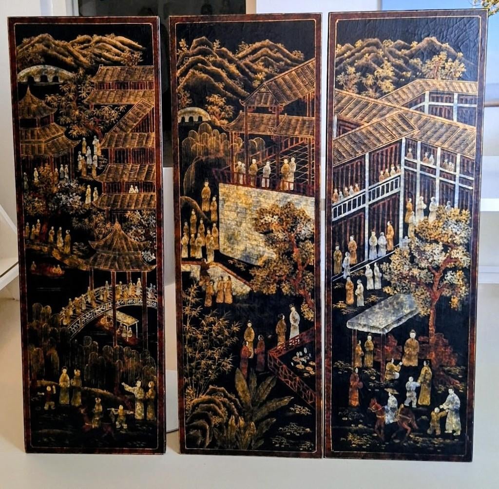 Chinese Coromandel lakpanelen Qing periode – set van drie., Ophalen