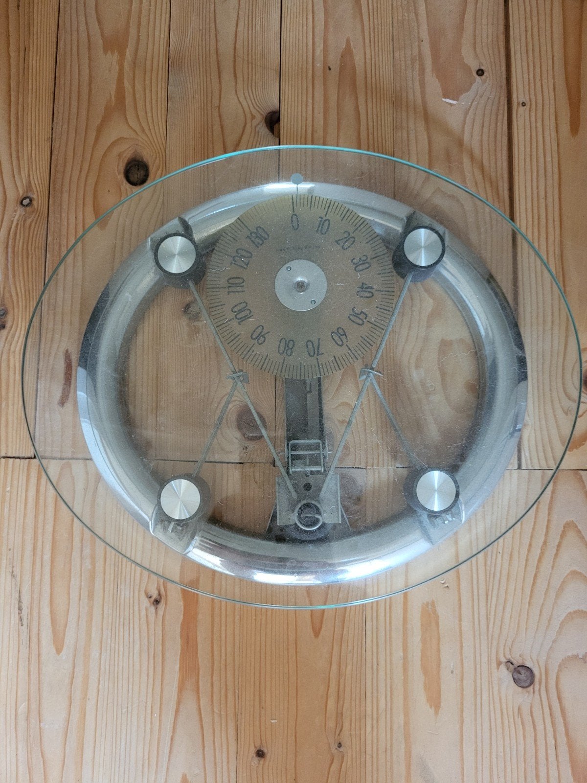 Vintage Personenweegschaal - Glas en Chroom, Witgoed en Apparatuur, Weegschalen, Ophalen, Gebruikt, Analoog, 100 kg of meer