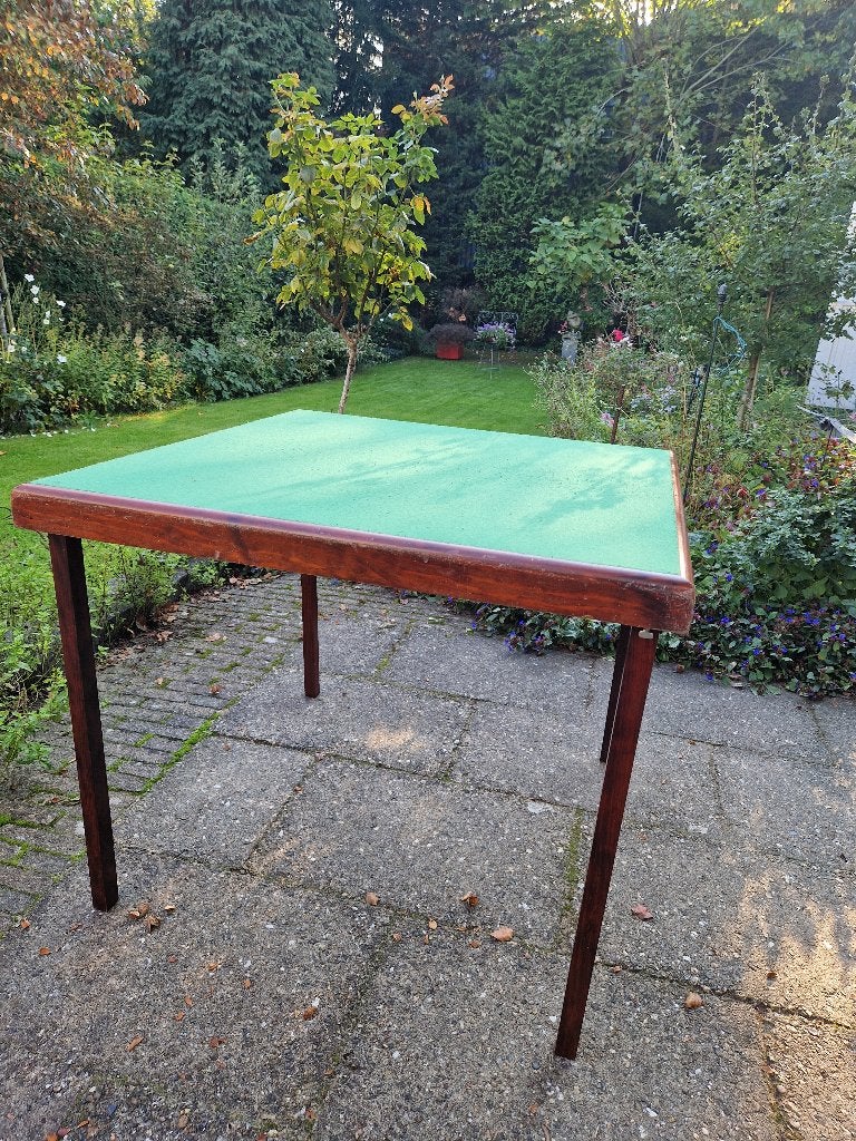 Vintage inklapbare kaarttafel met groen vilt, Ophalen, Hout, Gebruikt, Overige kleuren