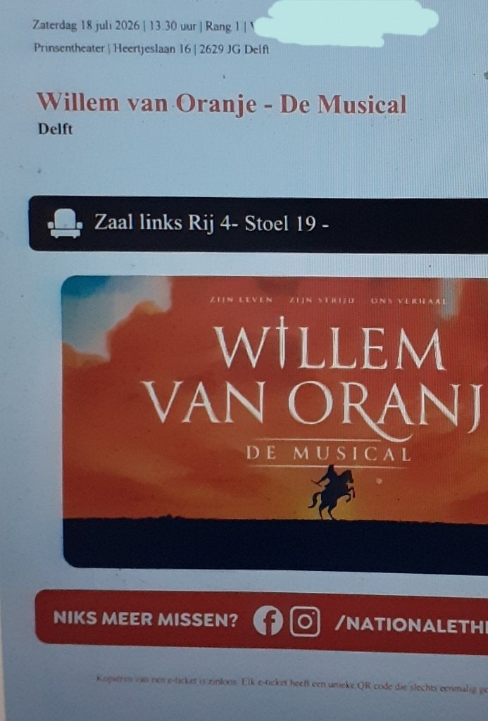 Last minute mooie plaatsen Willem van Oranje 2 tickets, Twee personen, Juli