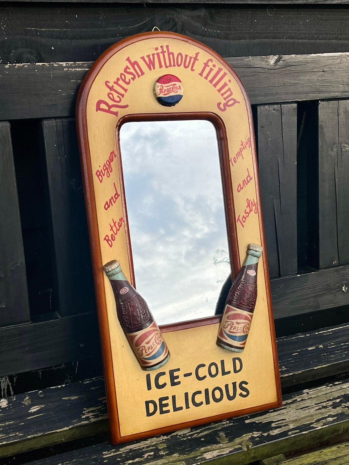 Pepsi cola reclamebord spiegel geen coca cola, Verzamelen, Ophalen of Verzenden