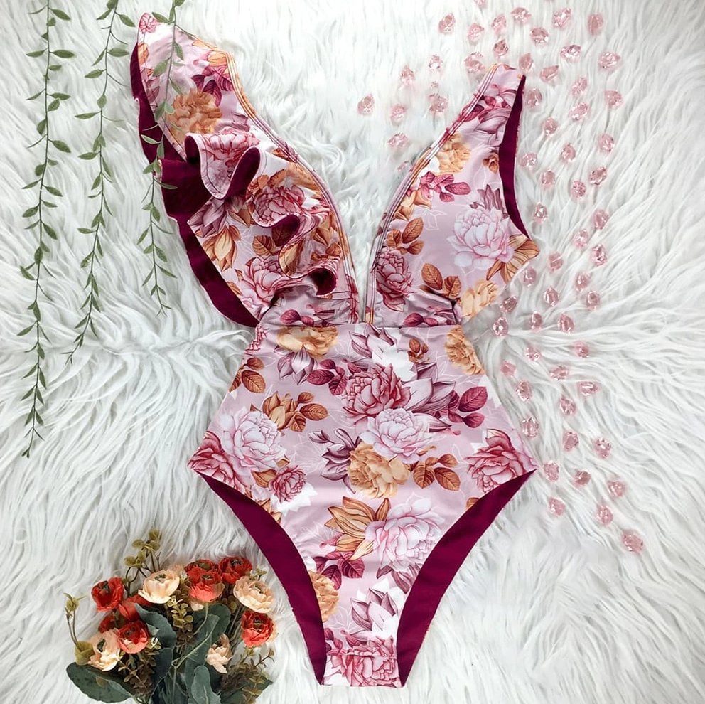 Roze paars bloemen badpak zomer dames vrouwen monokini, Verzenden, Nieuw, Meerkleurig, Badpak