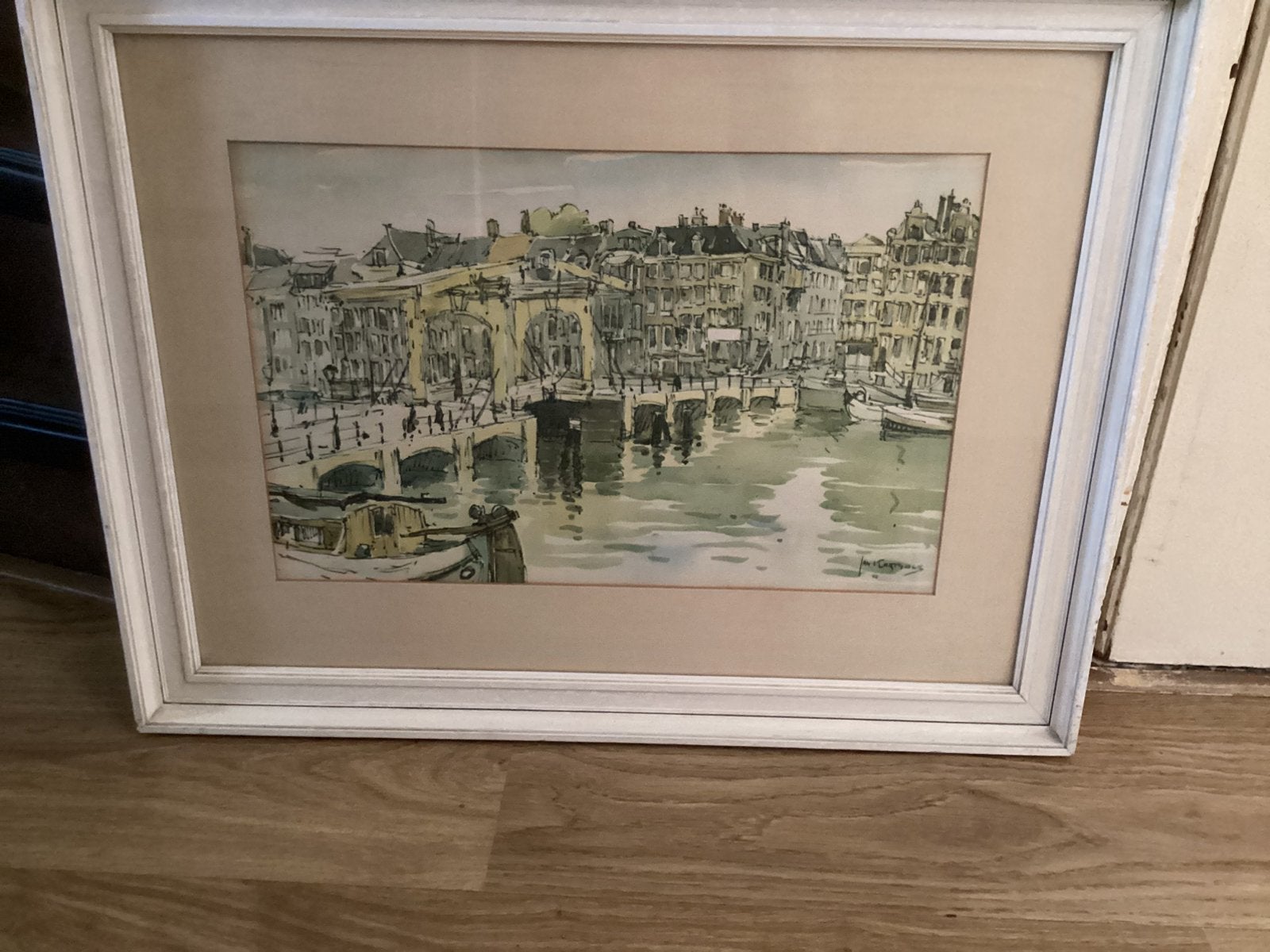 Aquarel - Jan Korthals - “Gezicht op de Magere Brug A’dam”., Antiek en Kunst, Ophalen, Achter glas, Aquarel, Papier