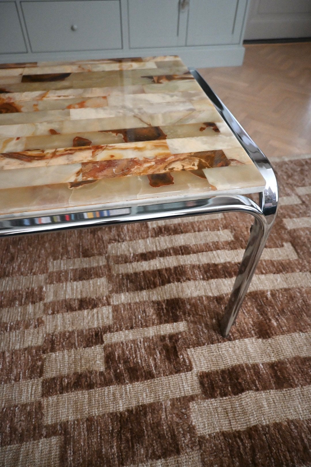 Vintage Jaren '70 salontafel, onyx Mozaïek & Chroom, Ophalen, Vintage, Zo goed als nieuw, Nvt