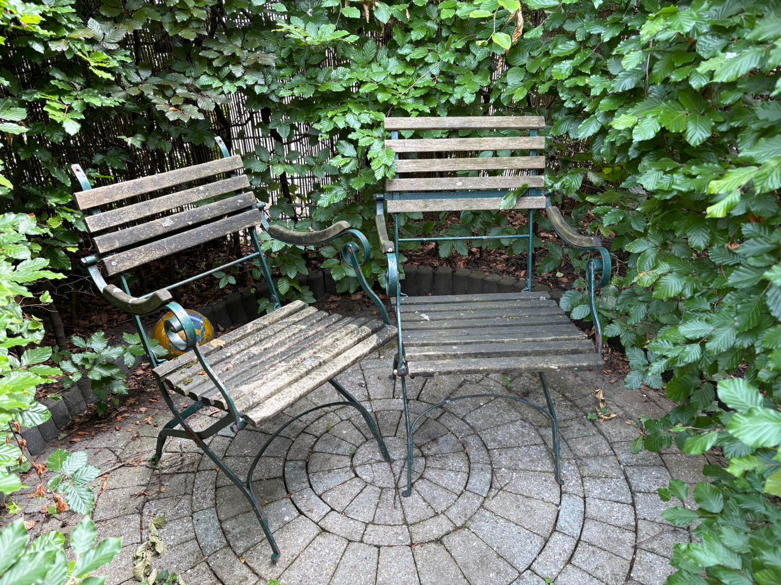 4 antieke bistro tuinstoeltjes metaal/hout met leuning, Tuin en Terras, Ophalen, Gebruikt, Metaal