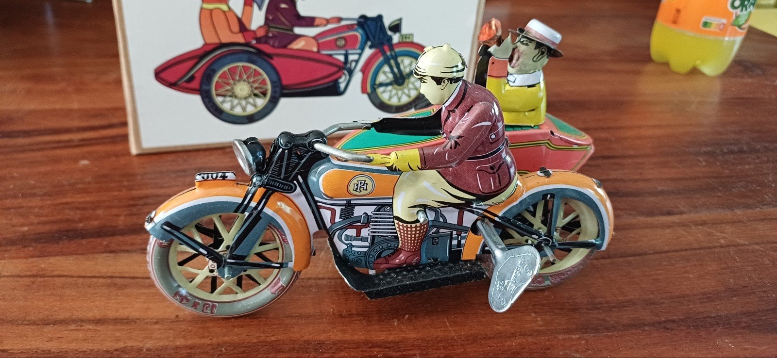 Vintage blikken motor met zijspan - decoratief object, Ophalen, Zo goed als nieuw