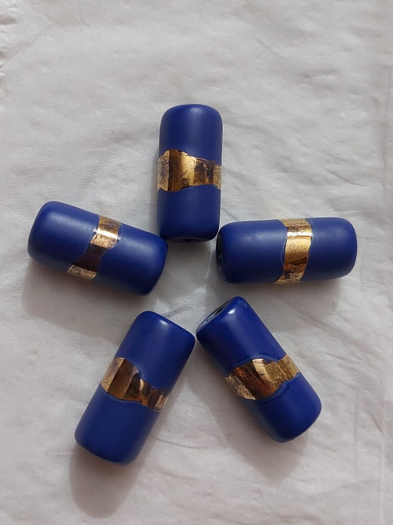 5 grote blauw met goud bewerkte glaskralen, Verzenden, Nieuw, Kraal