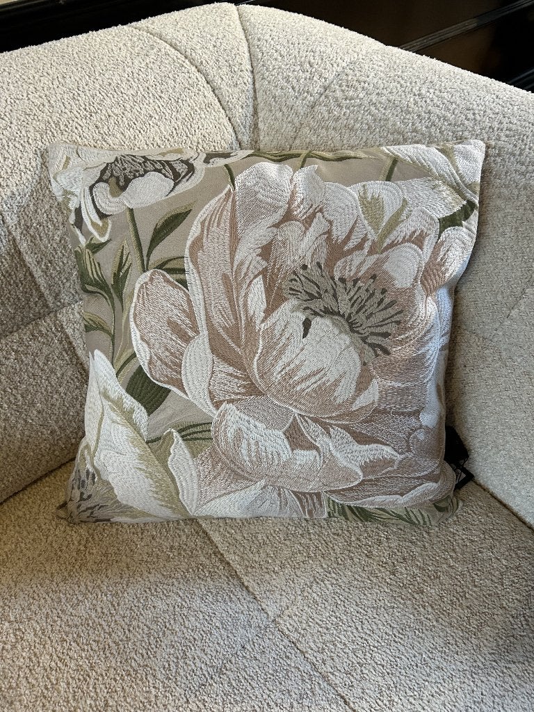 Velvet kussen in oud roze met peony bloem, Ophalen, Beige, Met print, Vierkant