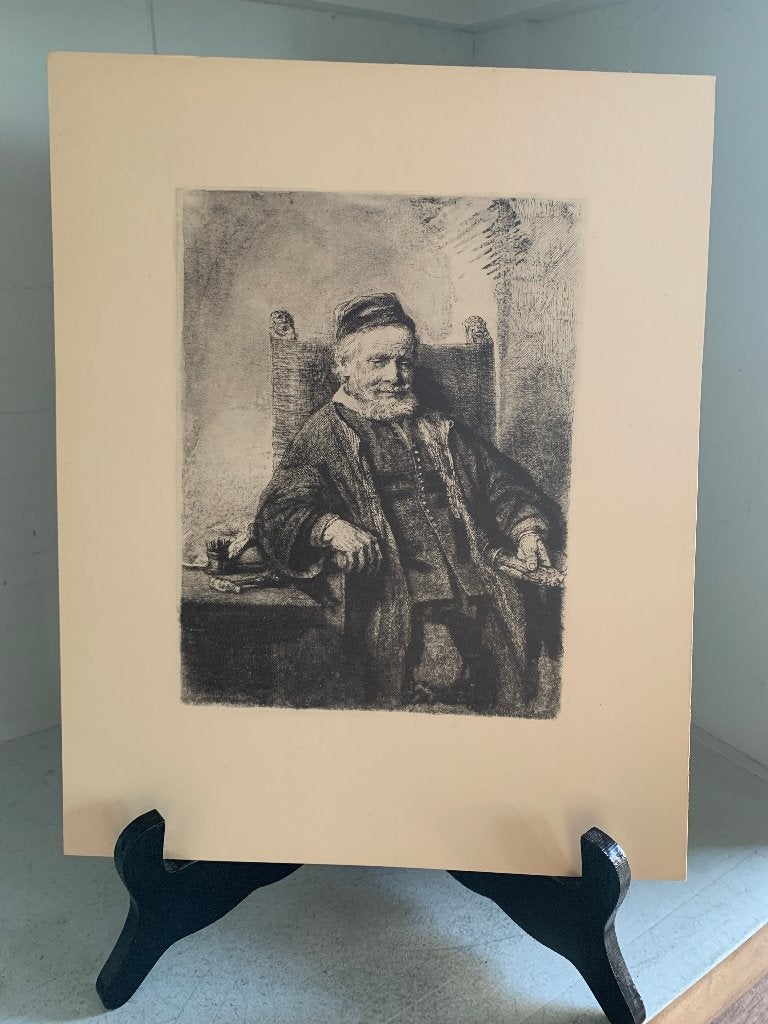 Oude man zittend in stoel - Rembrandt van Rijn lichtdruk, Antiek en Kunst, Ophalen of Verzenden, Portret, Ets, 1600 - 1699