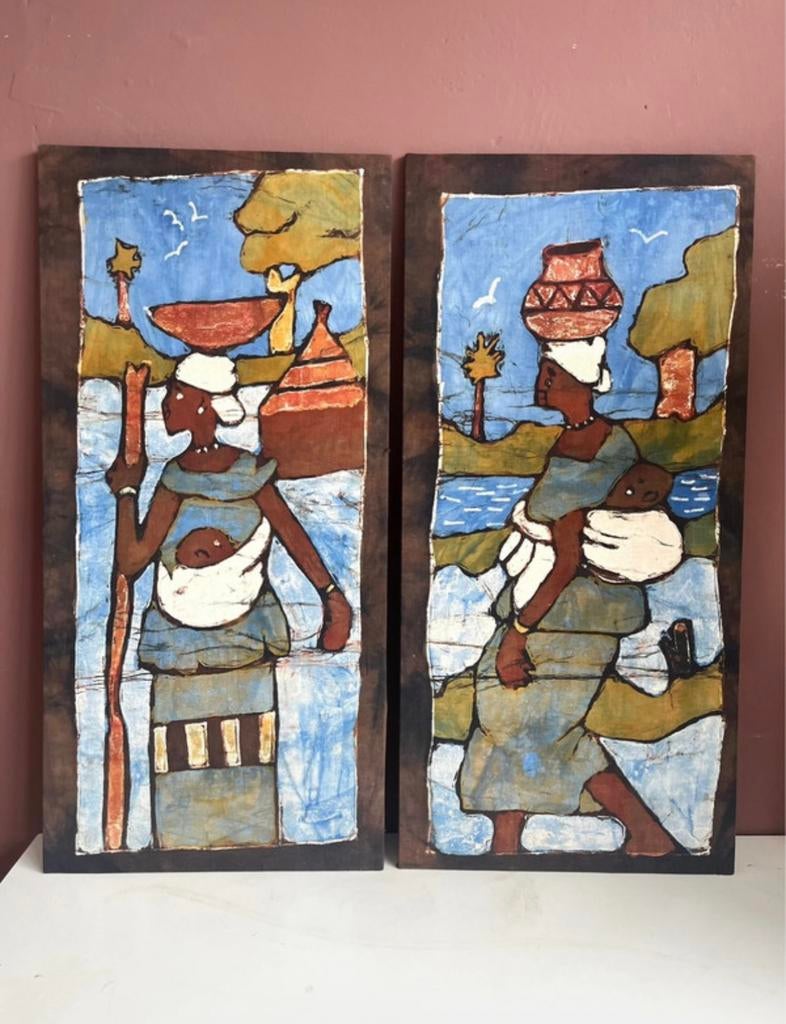 Vintage wanddecoratie Afrikaans op linnen doek, Antiek en Kunst, Kunst | Schilderijen | Abstract, Ophalen