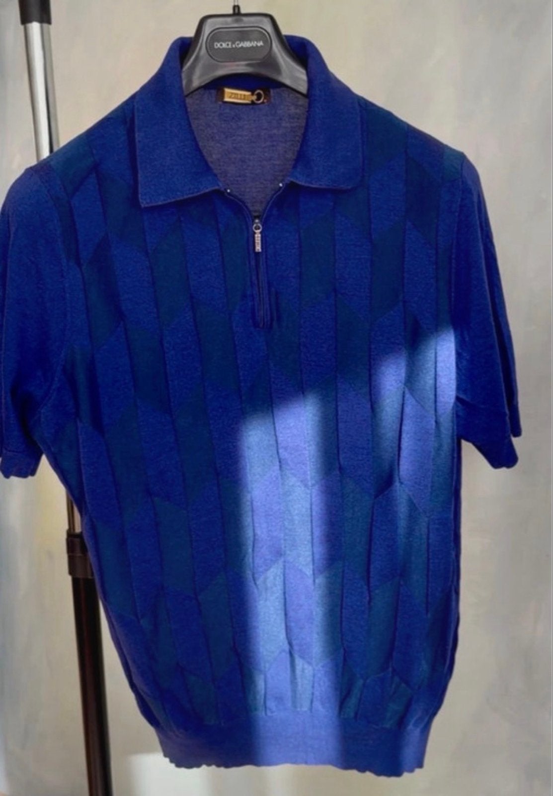 ZILLI Paris Heren Polo Blauw Ruit Zijde Mix Luxe Designer L/, Ophalen of Verzenden, Zo goed als nieuw, Maat 52/54 (L), Blauw