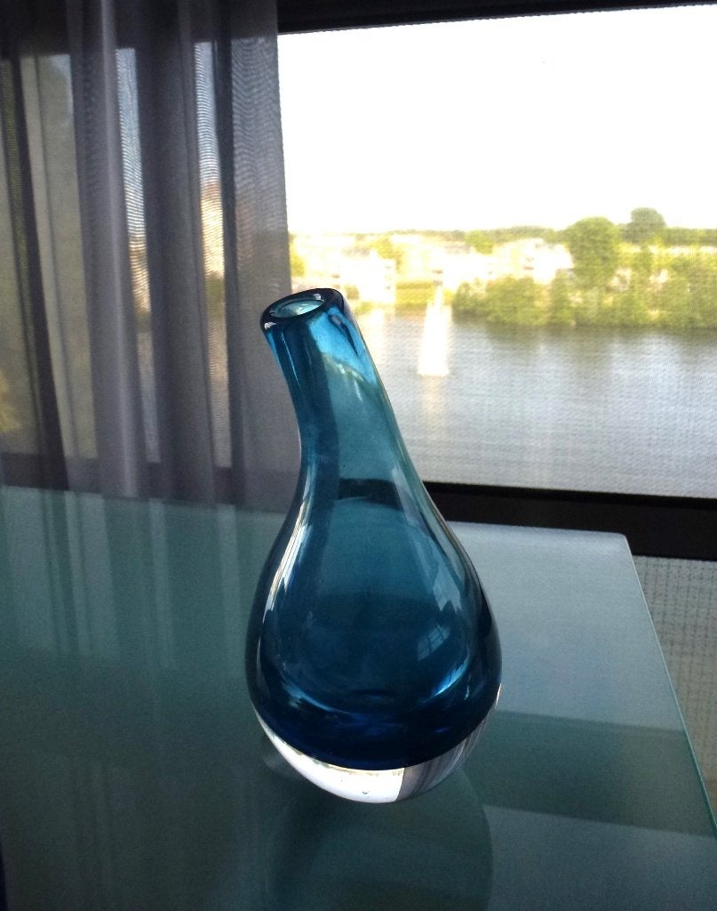 Dutz specifieke pizza-model vaasje in het blauw, Gebruikt, Blauw, Ophalen of Verzenden, Glas
