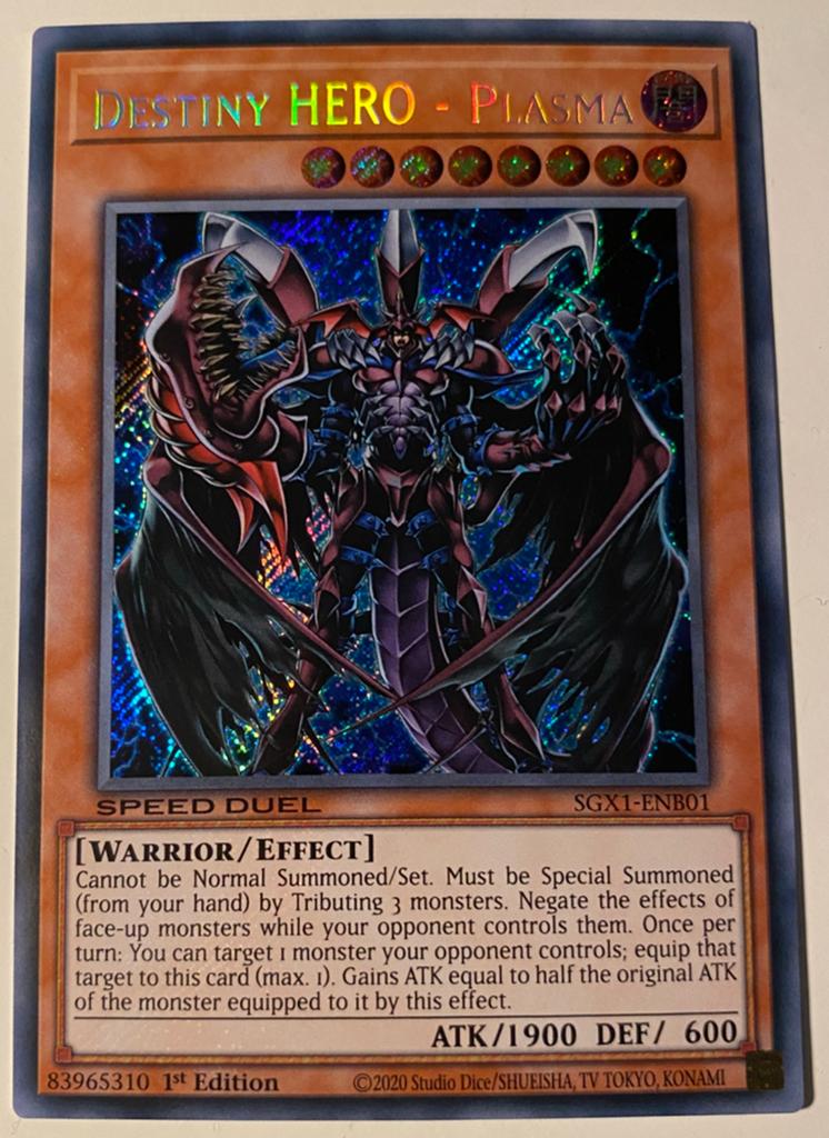 Yu-Gi-Oh! Destiny HERO - Plasma SGX1 1st Edition !, Ophalen of Verzenden, Zo goed als nieuw, Losse kaart, Foil