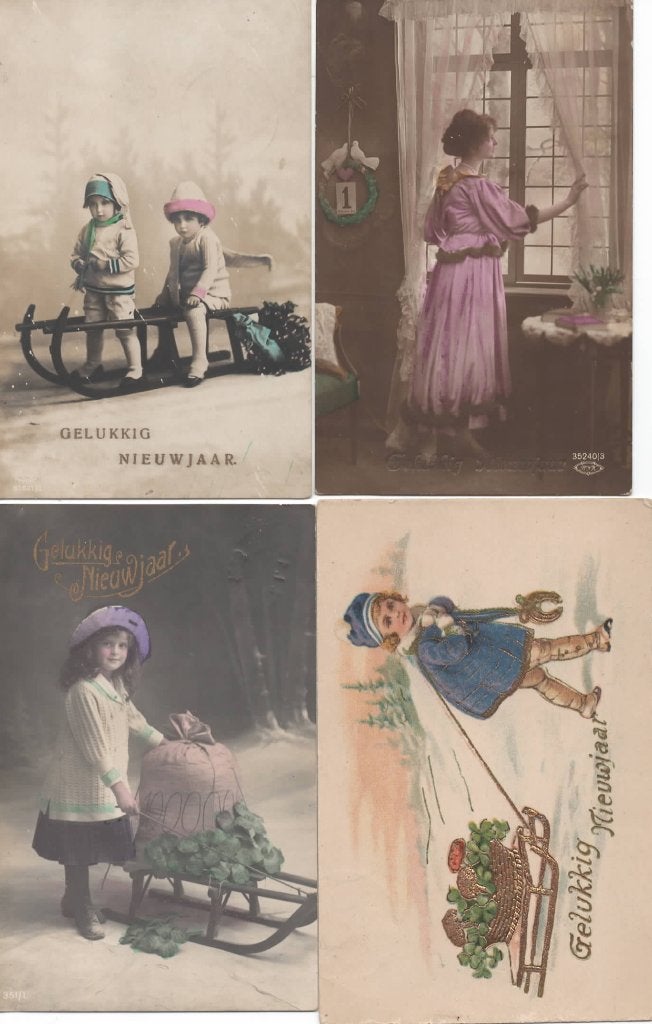 Fantasie 4x Gelukkig Nieuwjaar 5, Verzenden, Voor 1920, Feest(dag)