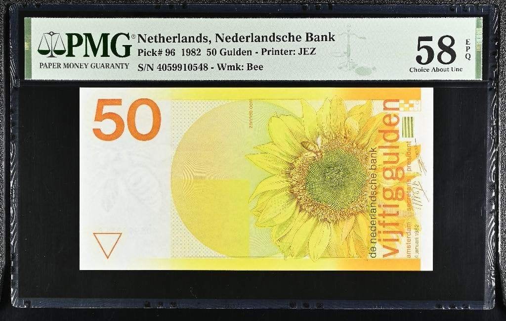 Bijna UNC biljet 50 gulden Zonnebloem 1982, PMG 58 EPQ, Ophalen of Verzenden, 50 gulden