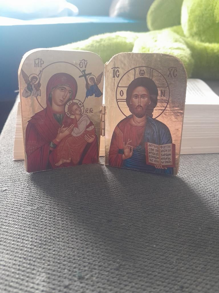 Miniatuur Houten Reisicoon Maria en Jezus, Ophalen of Verzenden