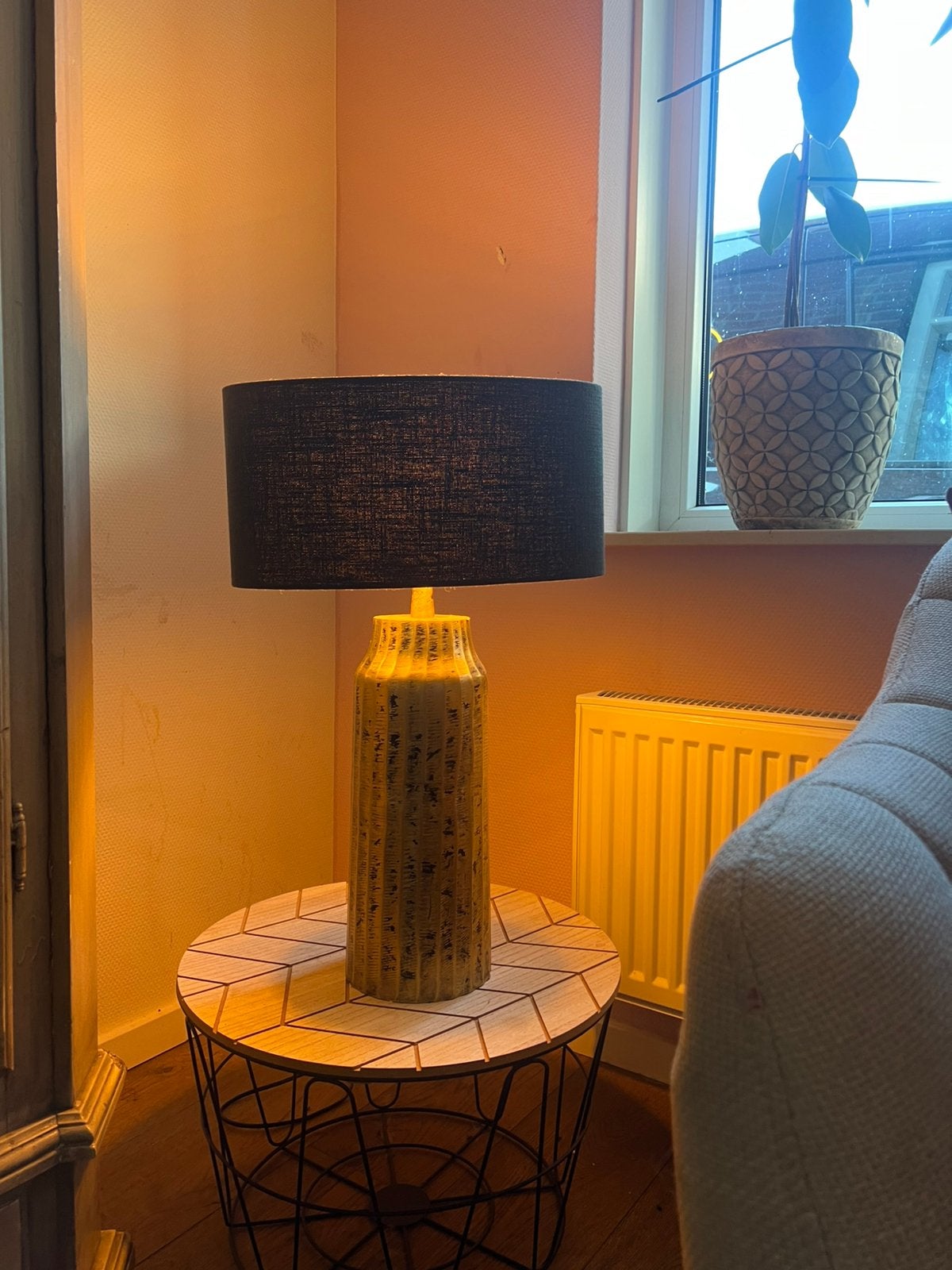 Gouden tafellamp met grijs + donkergroene kap, Ophalen, Gebruikt, Goud, E27 (groot)