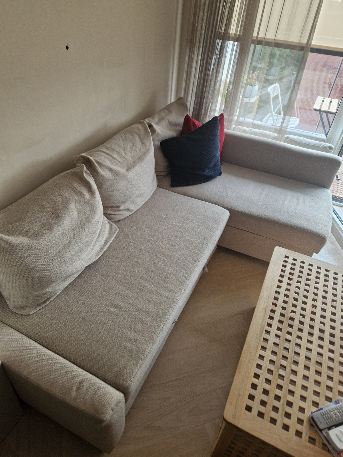 IKEA FRIHETEN hoekslaapbank met opberger - Beige, Ophalen, Gebruikt, 100 tot 125 cm, Hoekbank
