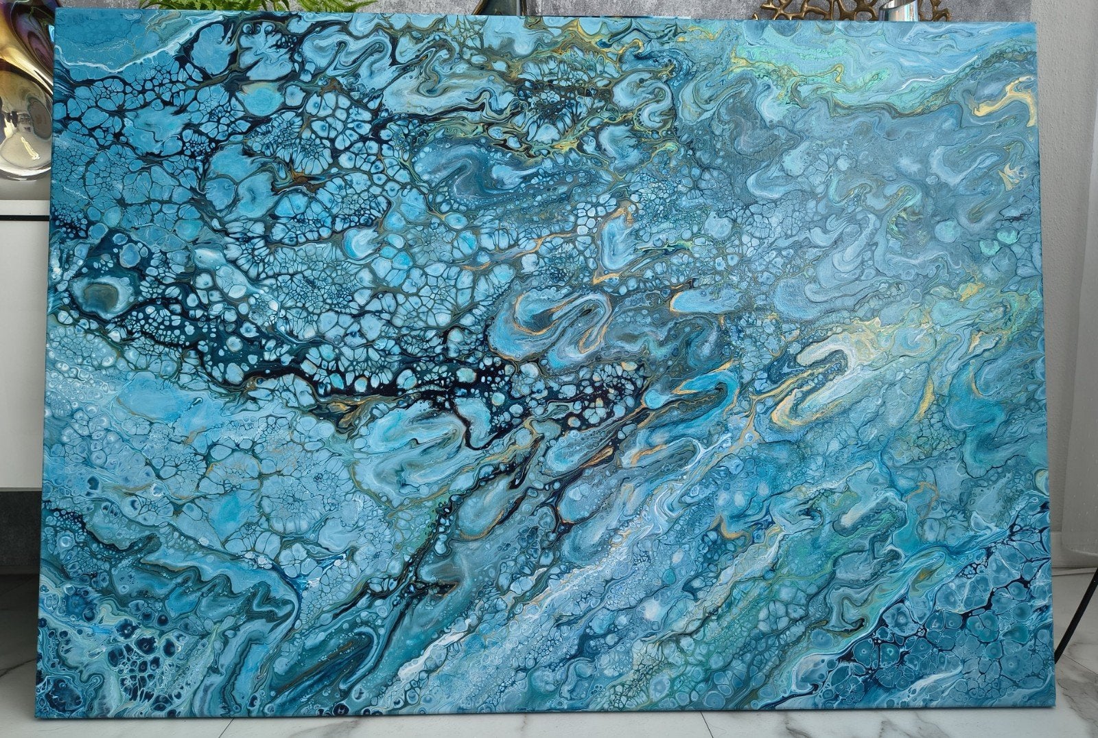 Origineel Fluid Art Schilderij - Turquoise & Goud, Antiek en Kunst, Ophalen of Verzenden