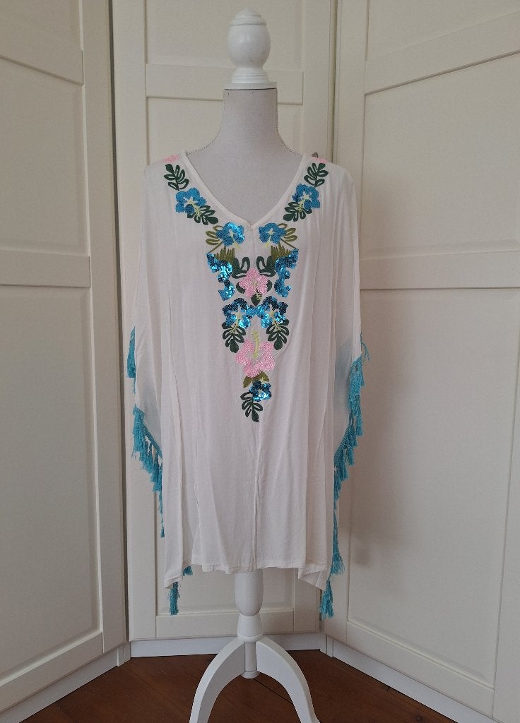 Witte kaftan tuniek top met lovertjes bloemen, maat XXL XXXL, Ophalen of Verzenden, Gedragen, Maat 46/48 (XL) of groter, Wit