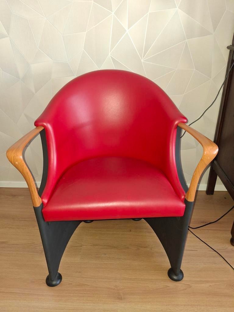 Set van 2 unieke design fauteuils met houten armleuningen, Huis en Inrichting, Stoelen, Ophalen, Gebruikt, Eén, Modern, Uniek design