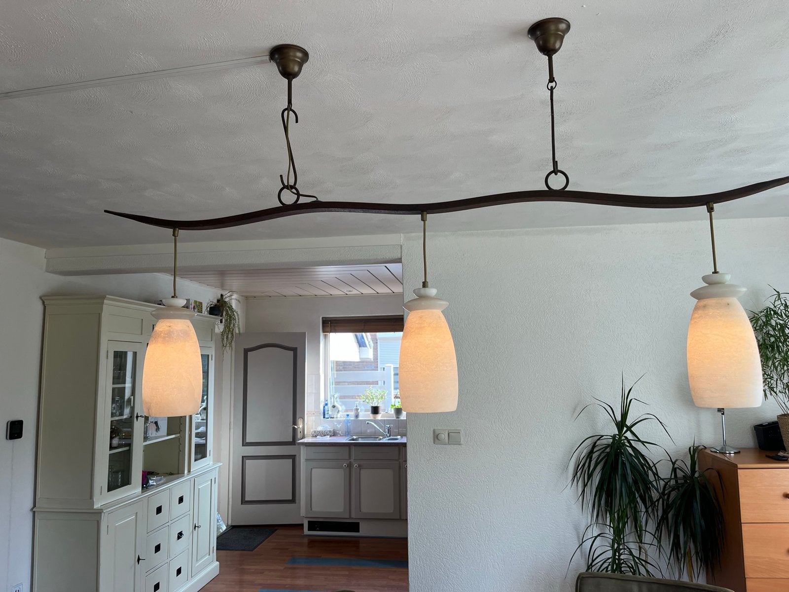 Sfeervolle hanglamp met 3 geslepen marmeren kappen, Ophalen, Gebruikt, Glas