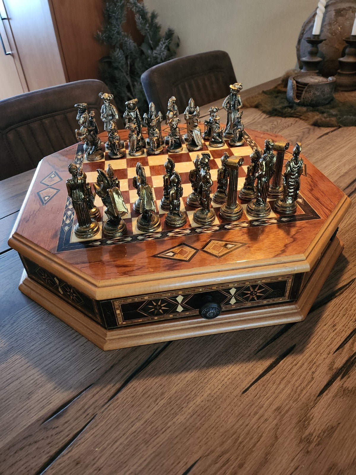 Schaakspel octagon met metalen schaakstukken, Een of twee spelers, Ophalen, Zo goed als nieuw
