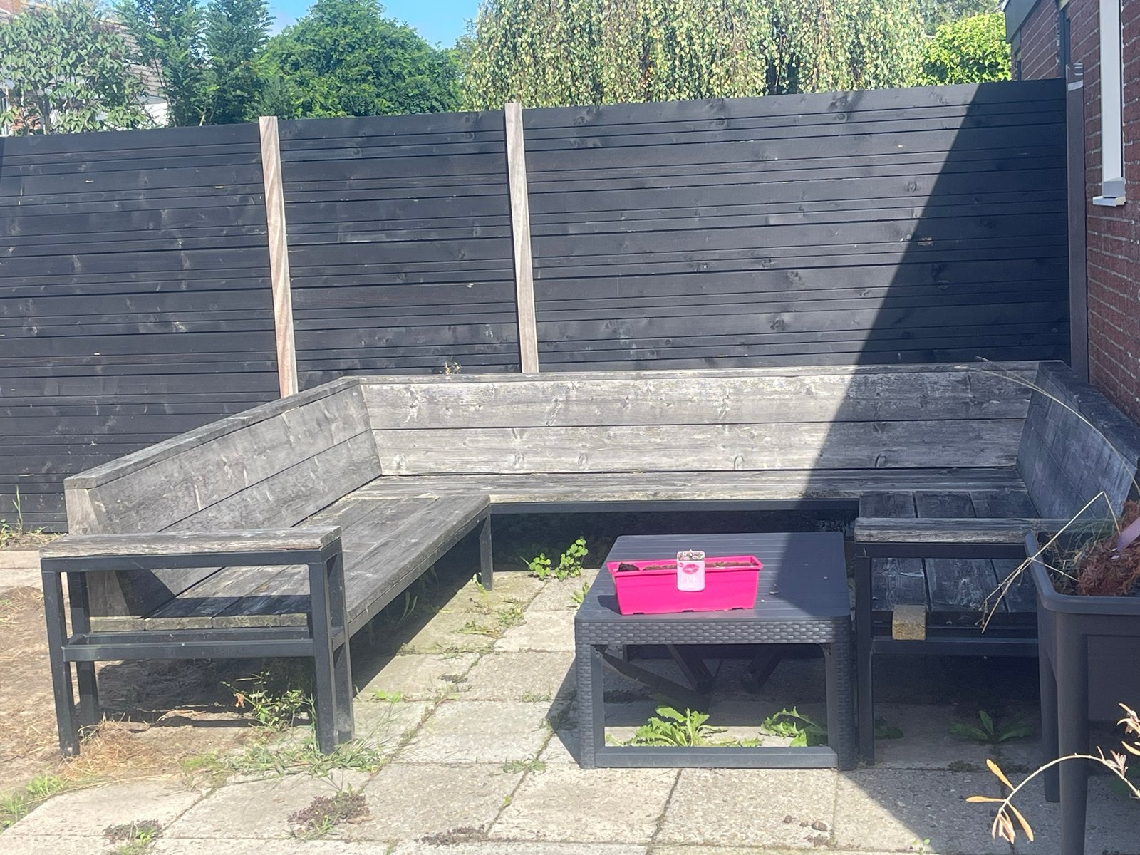 Stevige houten buitenbank met kussens, Ophalen, Gebruikt, Hout