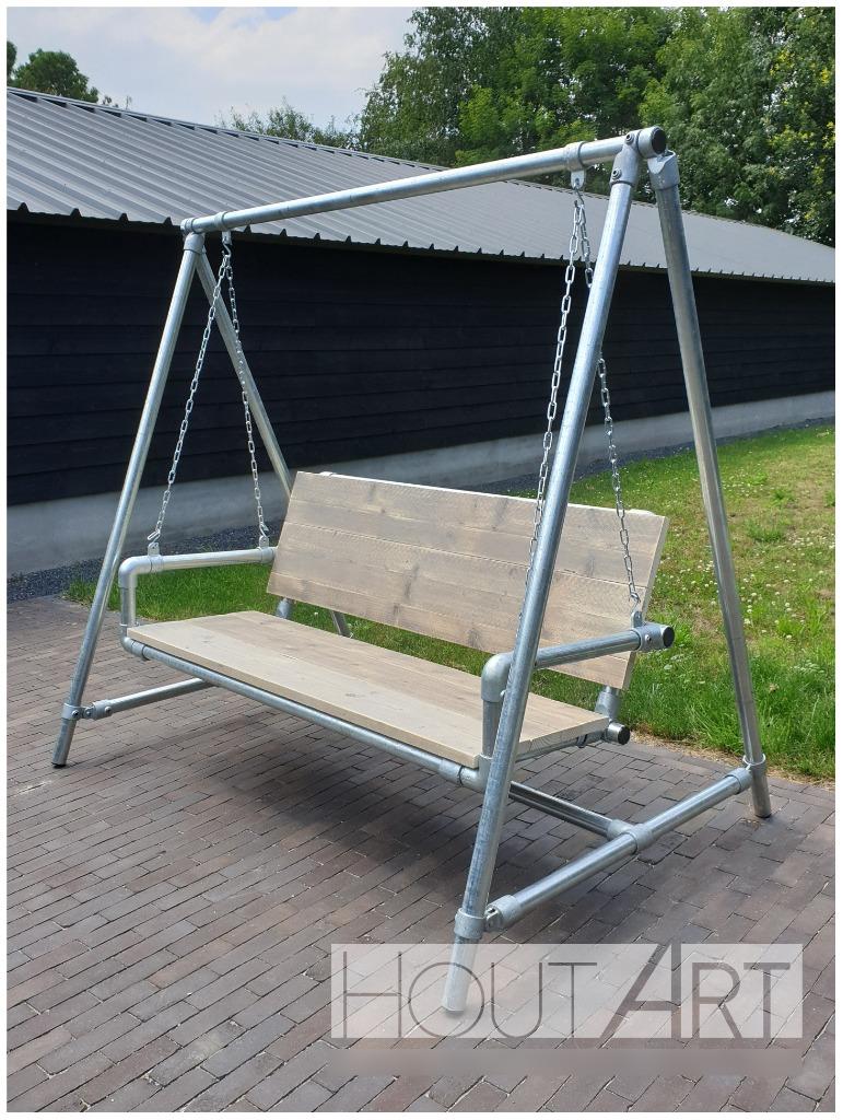 Schommelbank van steigerbuis met steigerhout, Info@hout-art.nl, Nieuw, Ophalen of Verzenden, Metaal