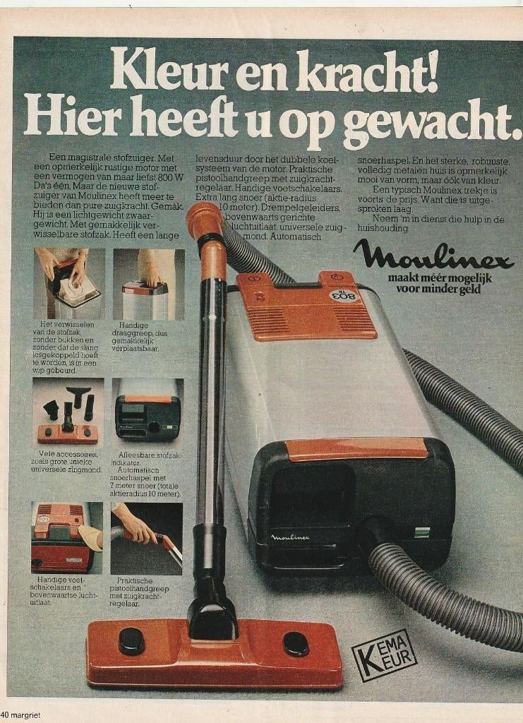 Retro reclame 1977 Moulinex stofzuiger oranje kracht, Ophalen of Verzenden, Overige typen