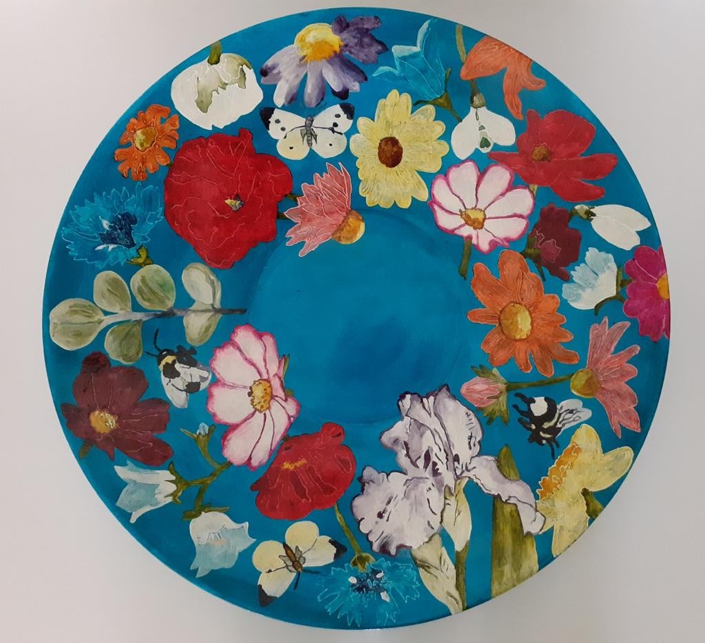 Grote handbeschilderde schaal glas "Flower power", Ophalen of Verzenden, Zo goed als nieuw