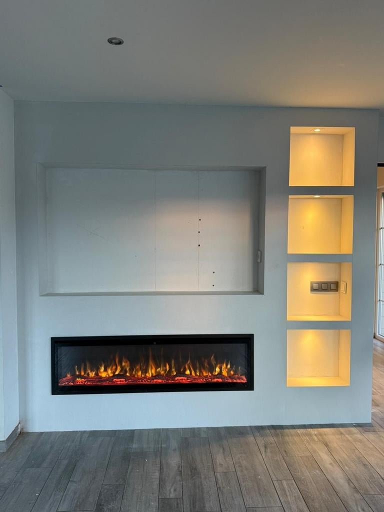 Cinewall, tv kast. Sfeerhaard, renovatie. Decoratie. Woonkam