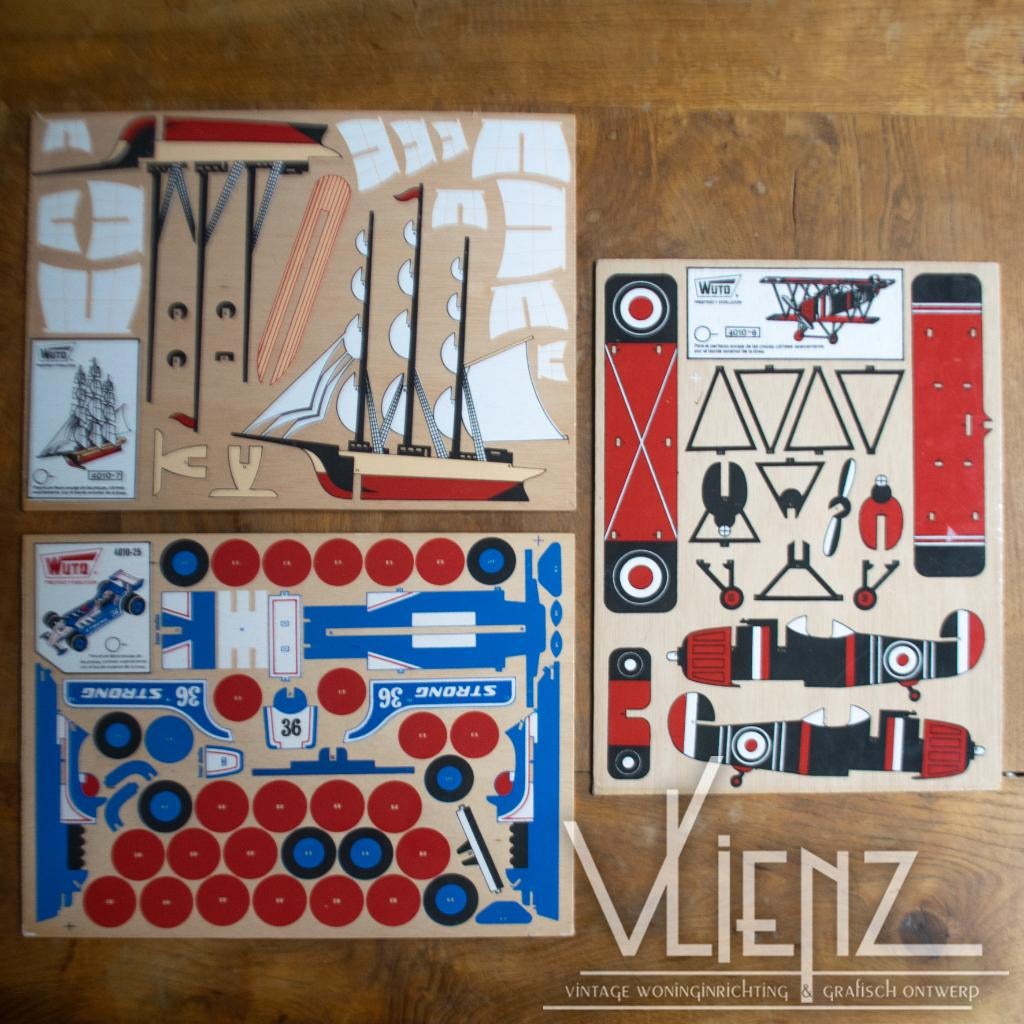 Vintage houten, WUTO bouwplaten, per stuk, vliegtuig, schip, Overige merken, 1:50 of kleiner, Spanje, Ophalen of Verzenden