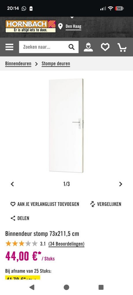 Nieuwe stompe binnendeur 73x211,5 cm Hornbach, Doe-het-zelf en Verbouw, Deuren en Horren, Ophalen, Minder dan 80 cm, Binnendeur