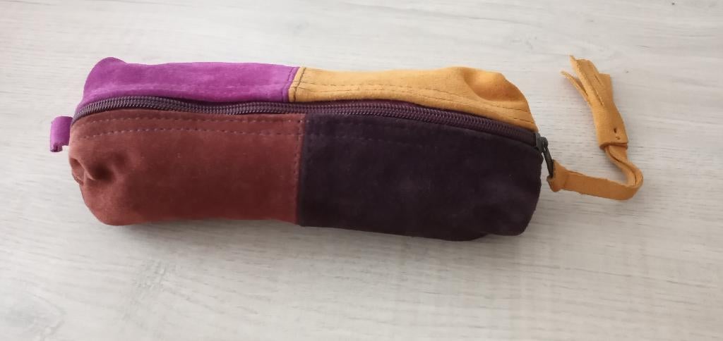 Suede leer make up etui tasje patchwork vintage multi color, Bruin, Nieuw, Make-up, Verzenden