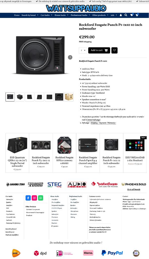 Rockford Fosgate Punch P1-1x10 10 inch subwoofer, Auto diversen, Autospeakers, Audio-design, Nieuw, Am Breilingsweg 3, 76709 Kronau, Duitsland