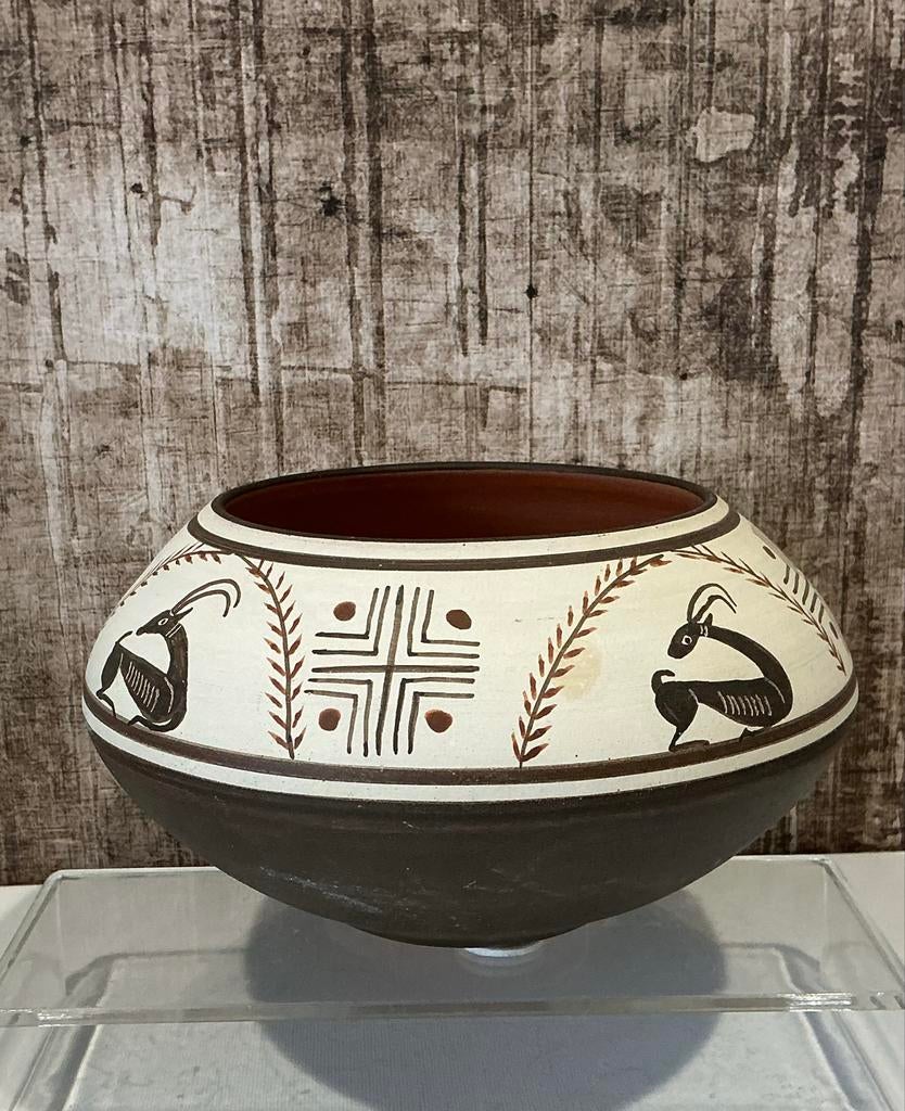 Vintage Keramiek Kom/Vaas met Dierenmotieven. Bruin/Creme., Verzenden