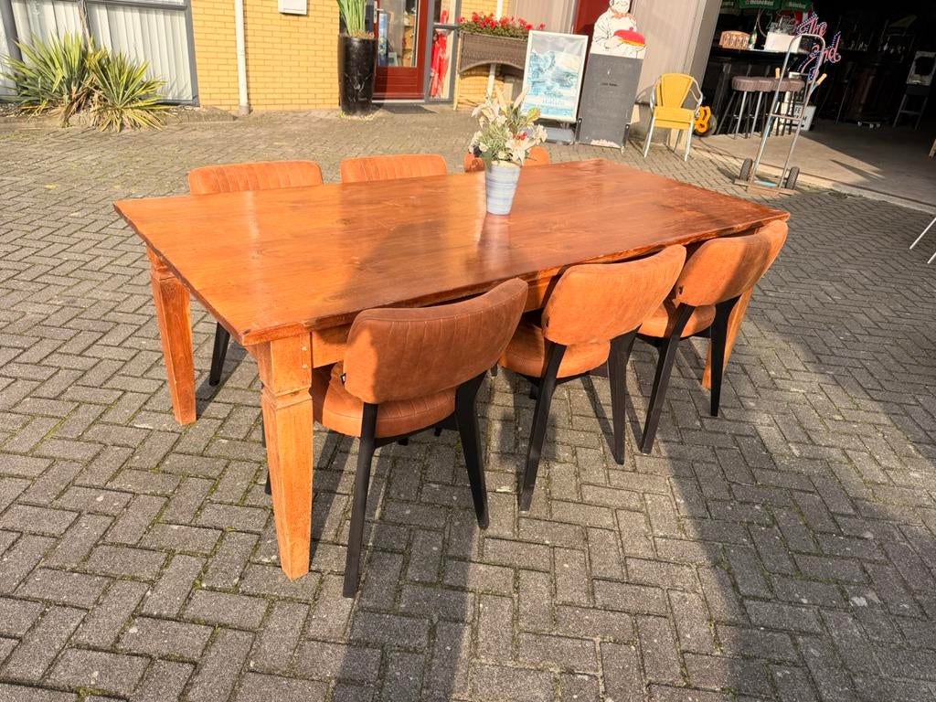 Stamtafel eettafel 220x100 massief hout tafel, Huis en Inrichting, 200 cm of meer, Zo goed als nieuw, Vijf personen of meer, Koloniaal klassiek cafe bar kroeg mancave kantine